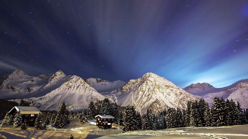 Snow-covered Mountain Cabin — Blue, Serene, Night