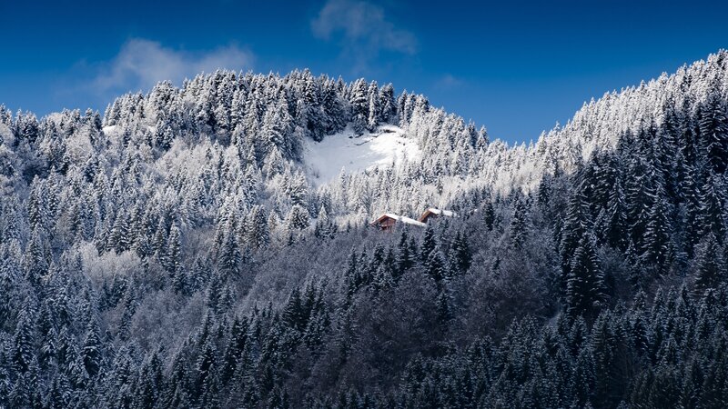 Snow-covered Mountain Cabin — Blue, Serene, Winter, Photograph