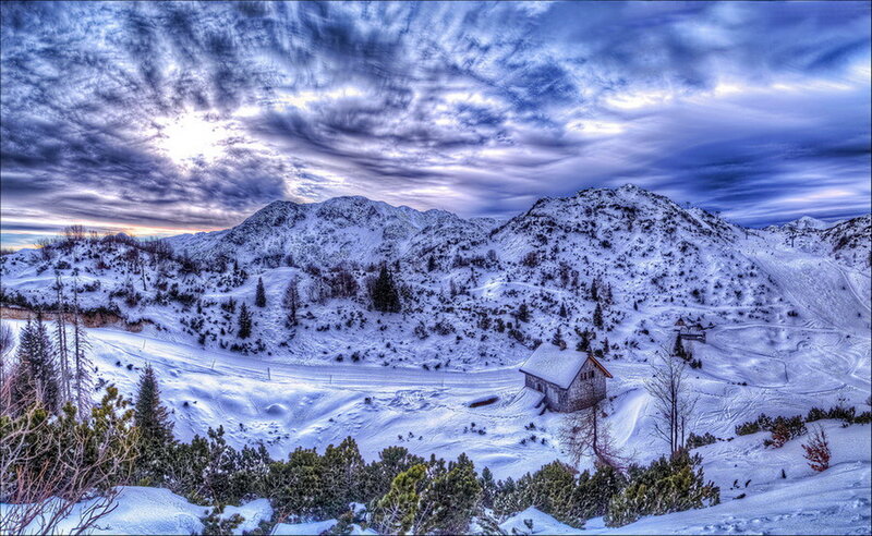 Snow-covered Mountain Cabin — Blue