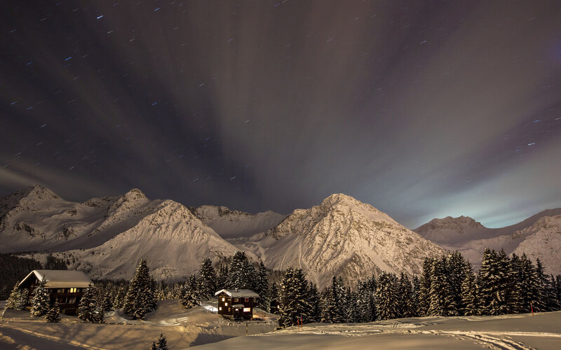 Snow-covered Mountain Cabin — White, Serene, Night, Photograph