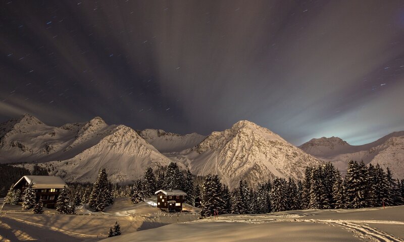 Snow-covered Mountain Cabin — White, Serene, Night