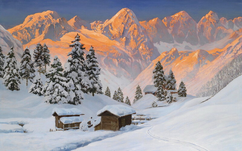 Snow-covered Mountain Cabin — White, Serene, Winter, Painting