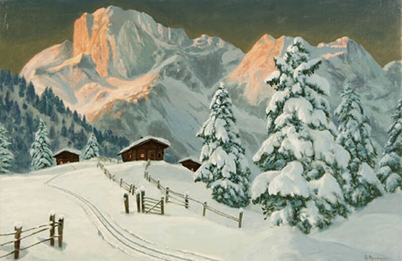 Snow-covered Mountain Cabin — White, Serene, Winter, Painting, Trees