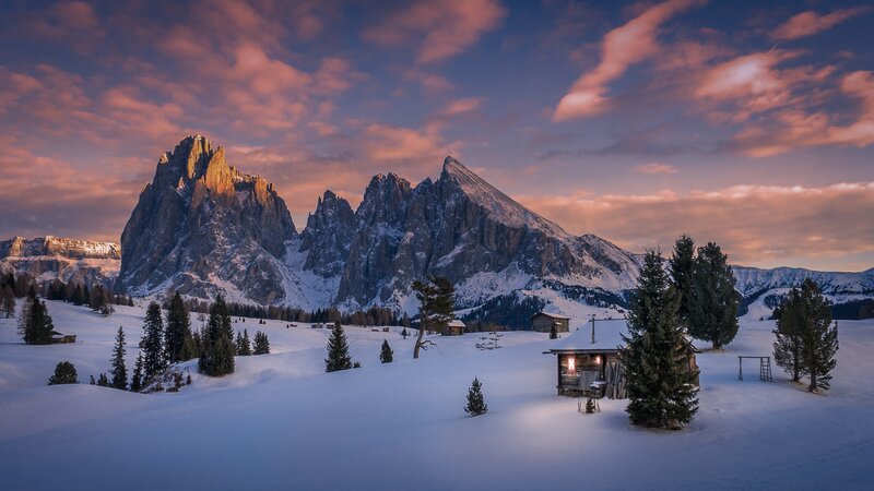 Snow-covered Mountain Cabin — White, Serene, Winter, Photograph, Trees