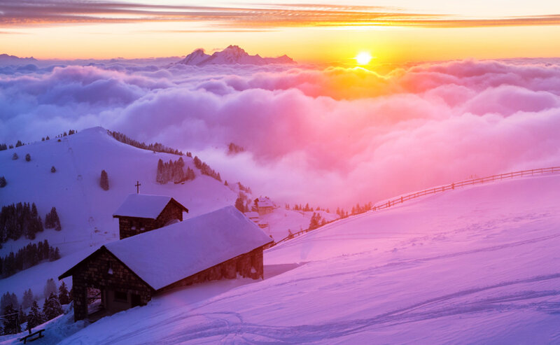 Snow-covered Mountain Cabins — Purple