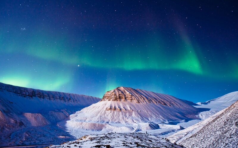 Snow-covered Mountain — Green, Serene, Night