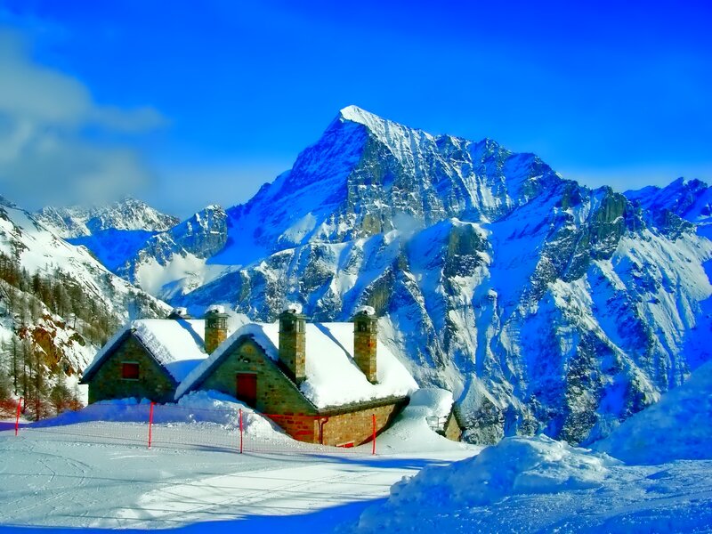 Snow-covered Mountain Hut — Blue