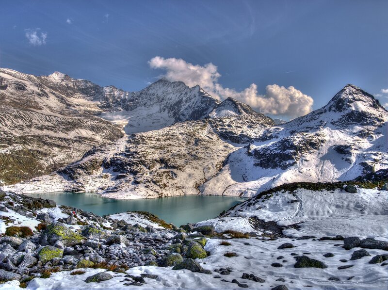 Snow-covered Mountain Lake — Blue, Dramatic, Winter, Photograph, Mountains