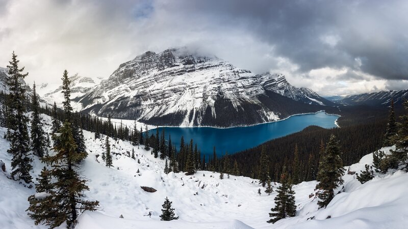 Snow-covered Mountain Lake — Blue, Dramatic, Winter, Photograph, Pine Trees
