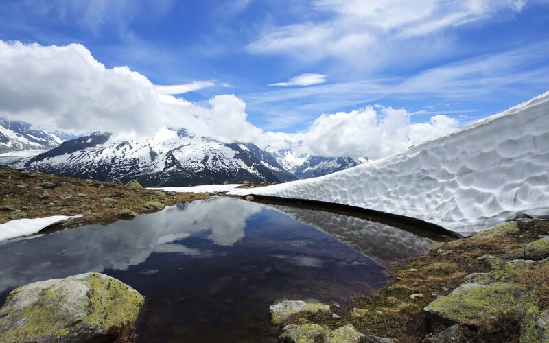 Snow-covered Mountain Lake — Blue, Serene, Afternoon