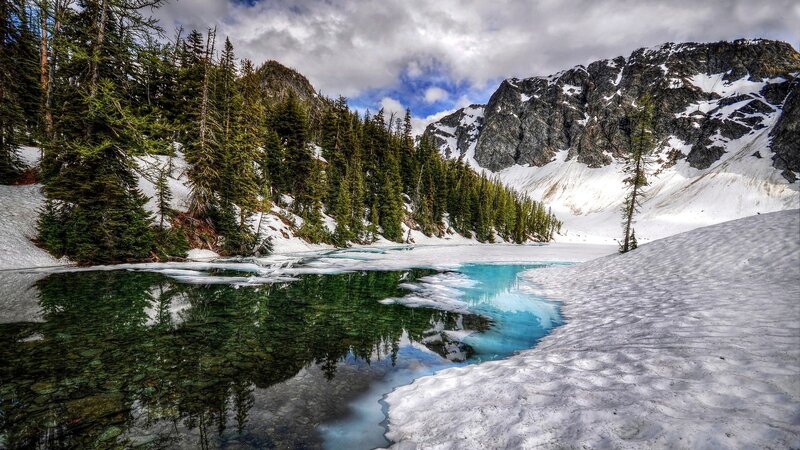 Snow-covered Mountain Lake — Blue, Serene, Spring