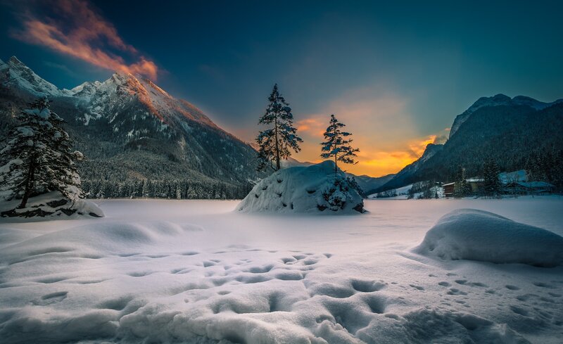 Snow-covered Mountain Lake — Blue, Serene, Sunset