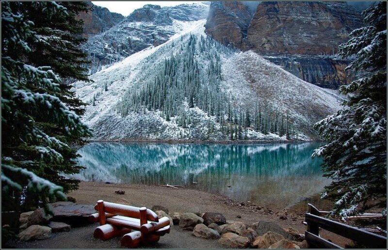 Snow-covered Mountain Lake — Blue, Serene