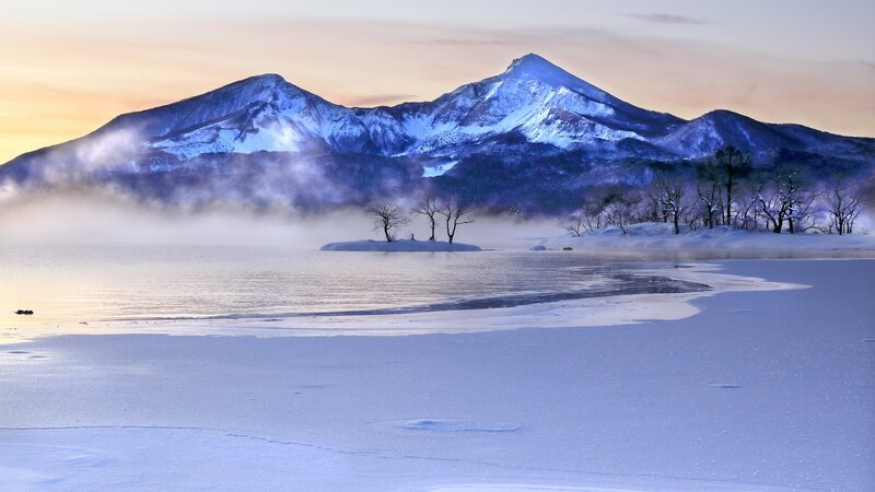Snow-covered Mountain Lake — Blue, Serene, Winter, Photograph, Fog
