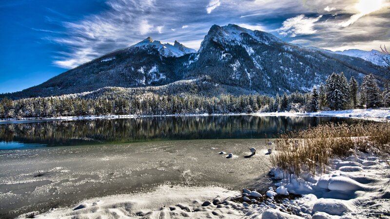 Snow-covered Mountain Lake — Blue, Serene, Winter, Photograph, Forest, Ice