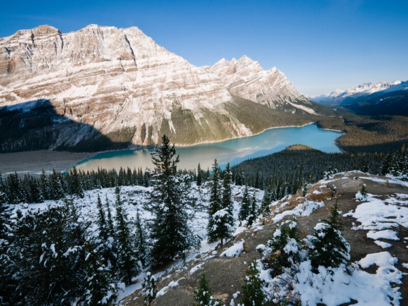 Snow-covered Mountain Lake — Blue, Serene, Winter, Photograph, Forest, Snow