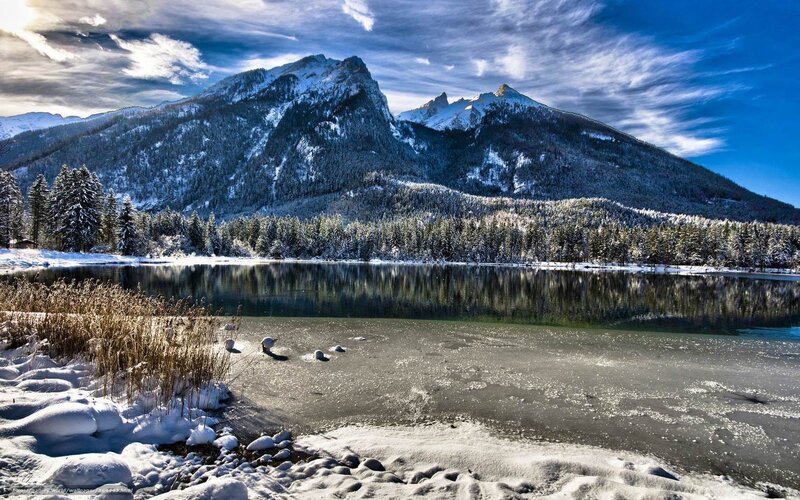 Snow-covered Mountain Lake — Blue, Serene, Winter, Photograph, Mountains, Forest, Ice
