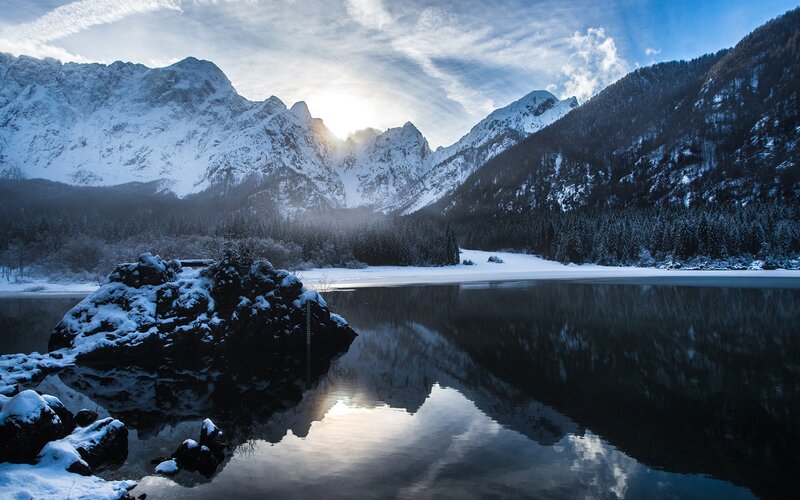 Snow-covered Mountain Lake — Blue, Serene, Winter, Photograph, Mountains, Forest