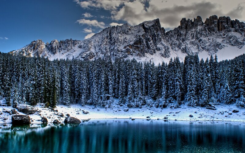 Snow-covered Mountain Lake — Blue, Serene, Winter, Photograph, Mountains, Forest, White
