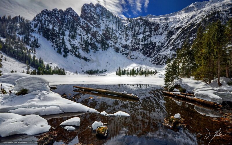 Snow-covered Mountain Lake — Blue, Serene, Winter, Photograph, Mountains, Trees, Logs