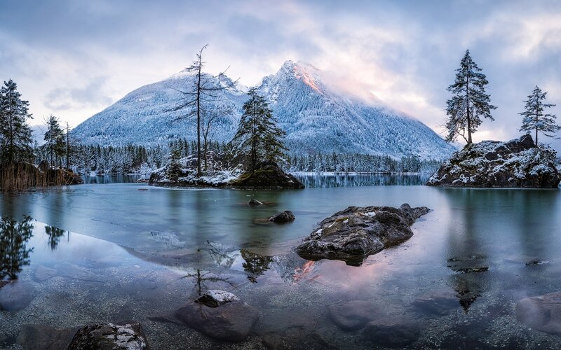 Snow-covered Mountain Lake — Blue, Serene, Winter, Photograph, Mountains, Trees, Rocks