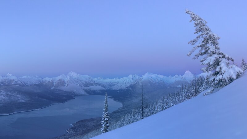 Snow-covered Mountain Lake — Blue, Serene, Winter, Photograph, Mountains, Trees, Sky