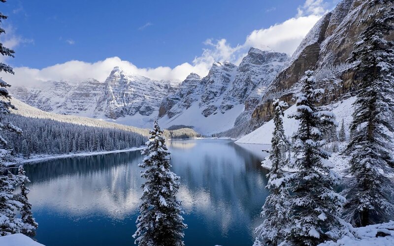 Snow-covered Mountain Lake — Blue, Serene, Winter, Photograph, Mountains, Trees