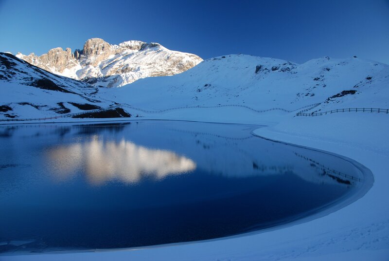 Snow-covered Mountain Lake — Blue, Serene, Winter, Photograph, Snow