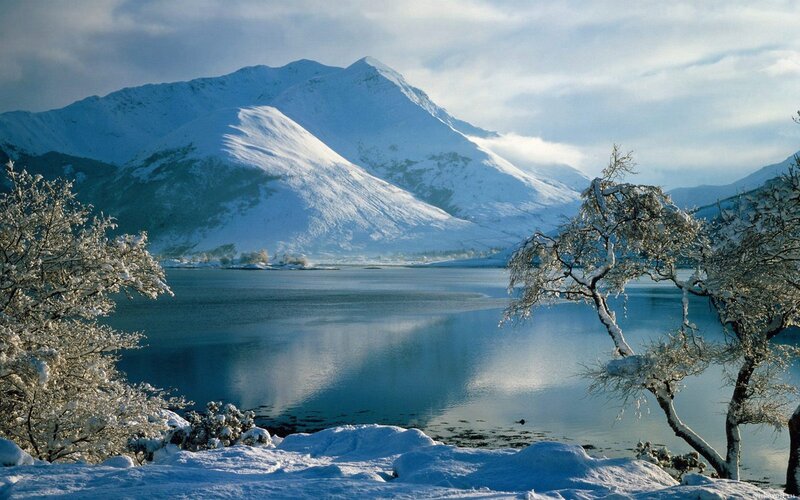 Snow-covered Mountain Lake — Blue, Serene, Winter, Photograph, Trees, Snow