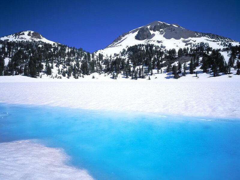 Snow-covered Mountain Lake — Blue, Serene, Winter, Photograph, Trees, Snow, White