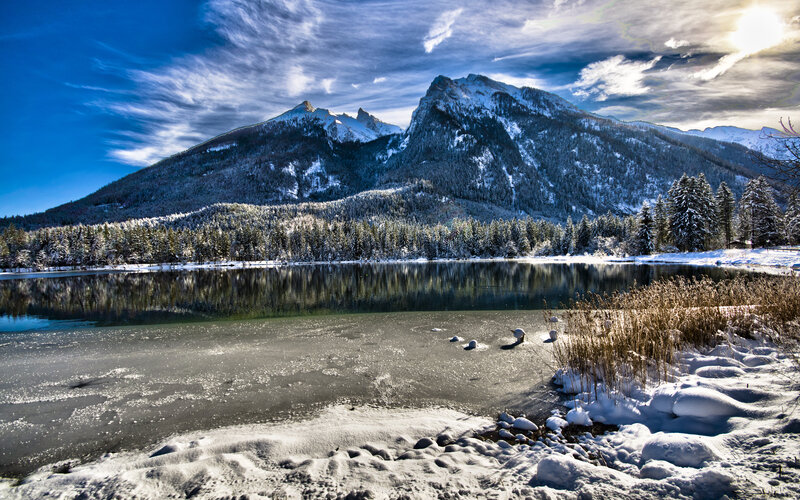 Snow-covered Mountain Lake — Blue, Serene, Winter