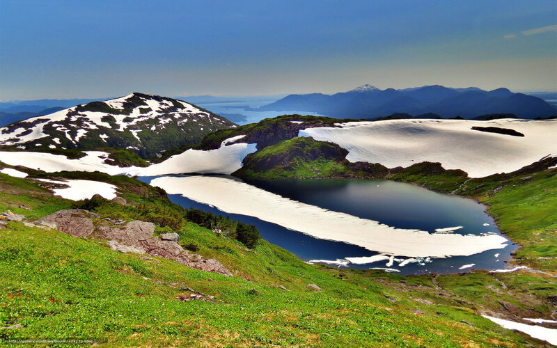 Snow-covered Mountain Lake — Green, Serene, Summer