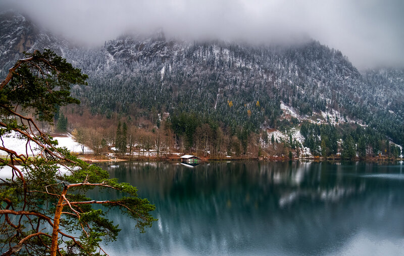 Snow-covered Mountain Lake — Green, Serene