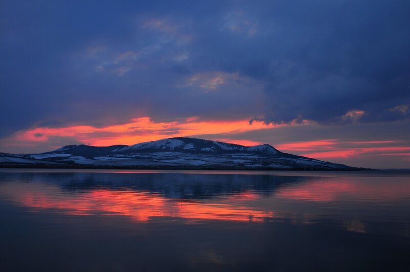 Snow-covered Mountain Lake — Red, Dramatic, Sunset