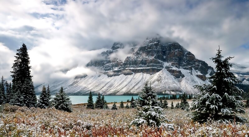 Snow-covered Mountain Lake — White, Dramatic, Winter, Photograph, Pine Trees