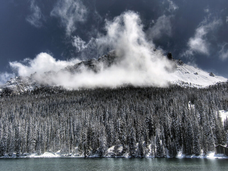 Snow-covered Mountain Lake — White, Dramatic, Winter