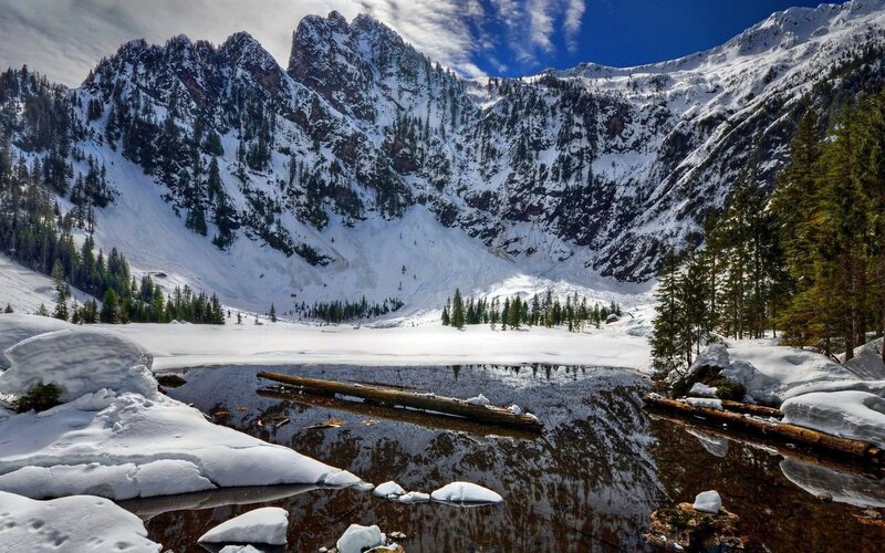 Snow-covered Mountain Lake — White, Serene, Winter, Photograph, Mountains, Trees