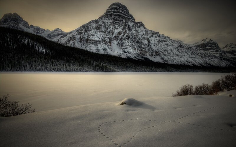 Snow-covered Mountain Lake — White, Serene, Winter