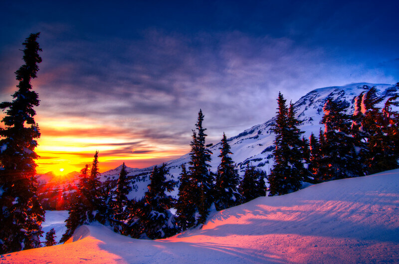 Snow-covered Mountain Landscape — Blue, Dramatic, Sunset, Photograph