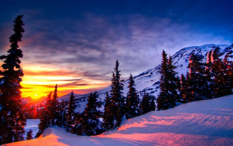 Snow-covered Mountain Landscape — Blue, Dramatic, Sunset, Photograph, Trees