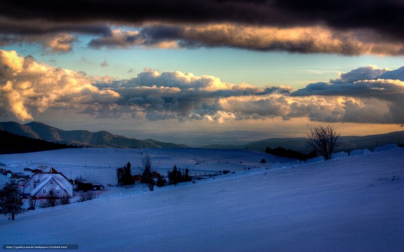 Snow-covered Mountain Landscape — Blue, Dramatic, Winter, Photograph, Mountains, Clouds, Building