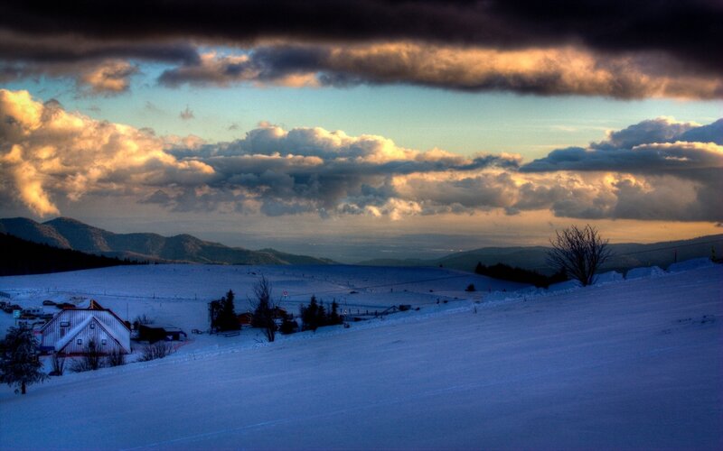 Snow-covered Mountain Landscape — Blue, Dramatic, Winter, Photograph, Mountains, Clouds