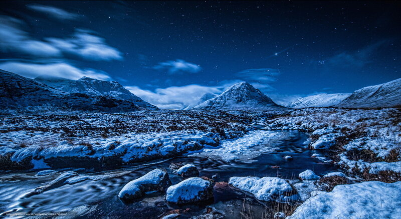 Snow-covered Mountain Landscape — Blue, Serene, Night