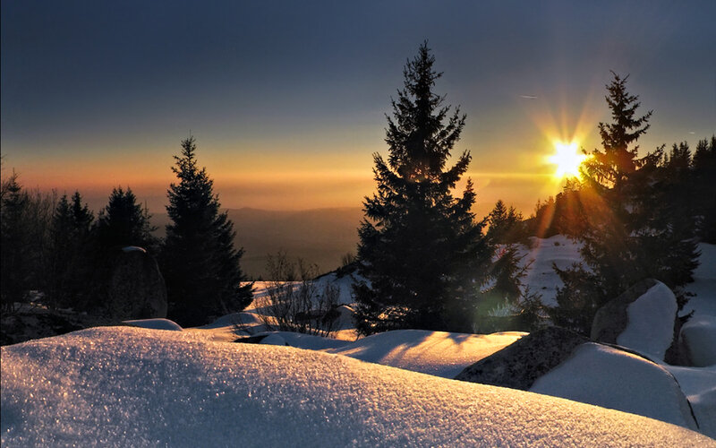 Snow-covered Mountain Landscape — Blue, Serene, Sunset, Photograph