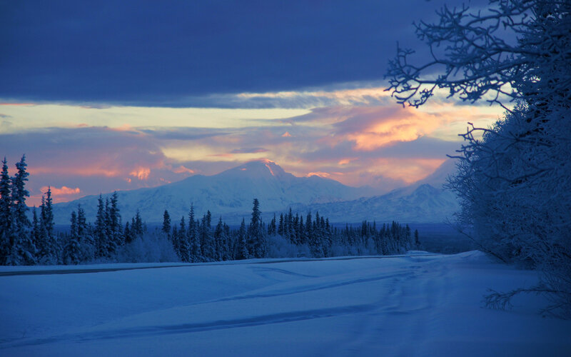 Snow-covered Mountain Landscape — Blue, Serene, Sunset