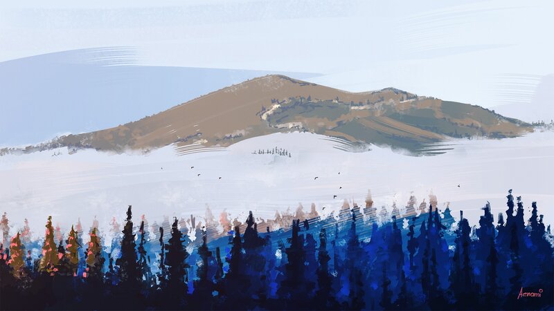 Snow-covered Mountain Landscape — Blue, Serene, Winter, Digital Art