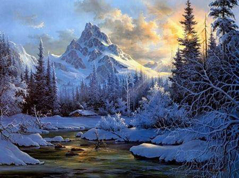 Snow-covered Mountain Landscape — Blue, Serene, Winter, Painting, River, Trees, Cabin