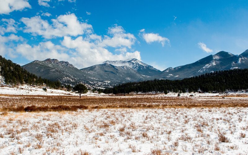 Snow-covered Mountain Landscape — Blue, Serene, Winter, Photograph, Mountains, Trees, Field, White