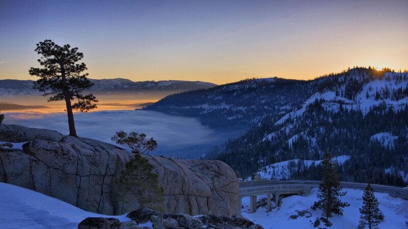 Snow-covered Mountain Landscape — Blue, Serene, Winter, Photograph, Tree, Bridge