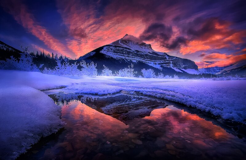 Snow-covered Mountain Landscape — Purple, Dramatic